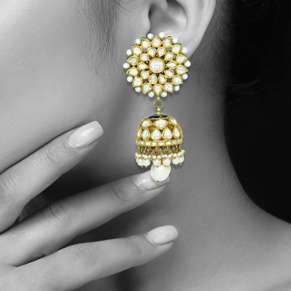 Floral Polki Jhumkas with Pearl Tassels and Dome Design